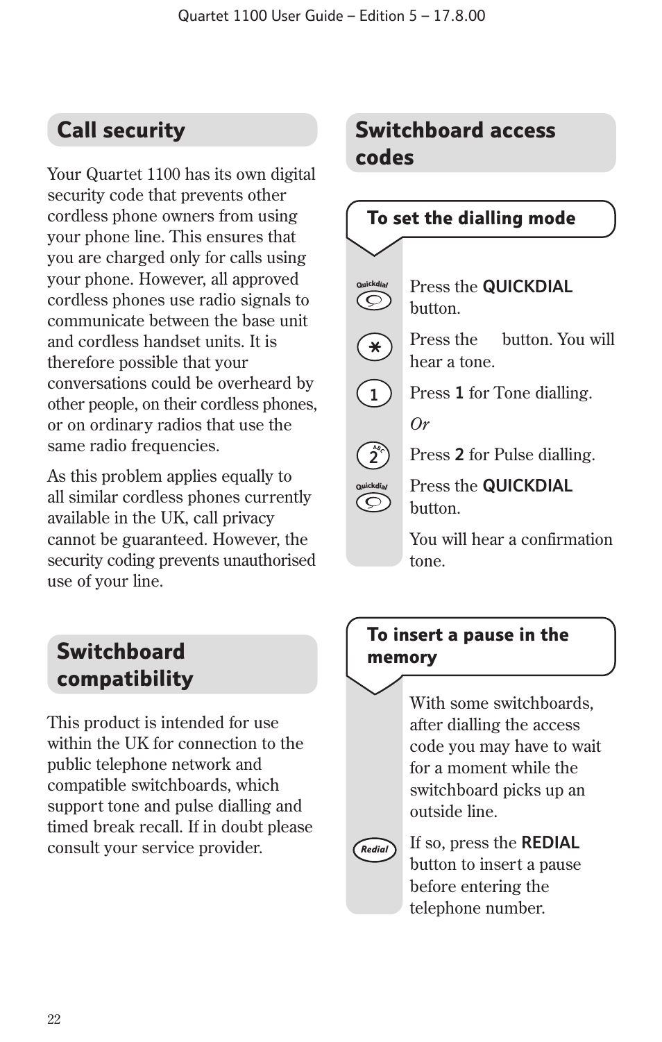 Switchboard compatibility, Switchboard access codes, Call security | BT 1100 User Manual | Page 24 / 32