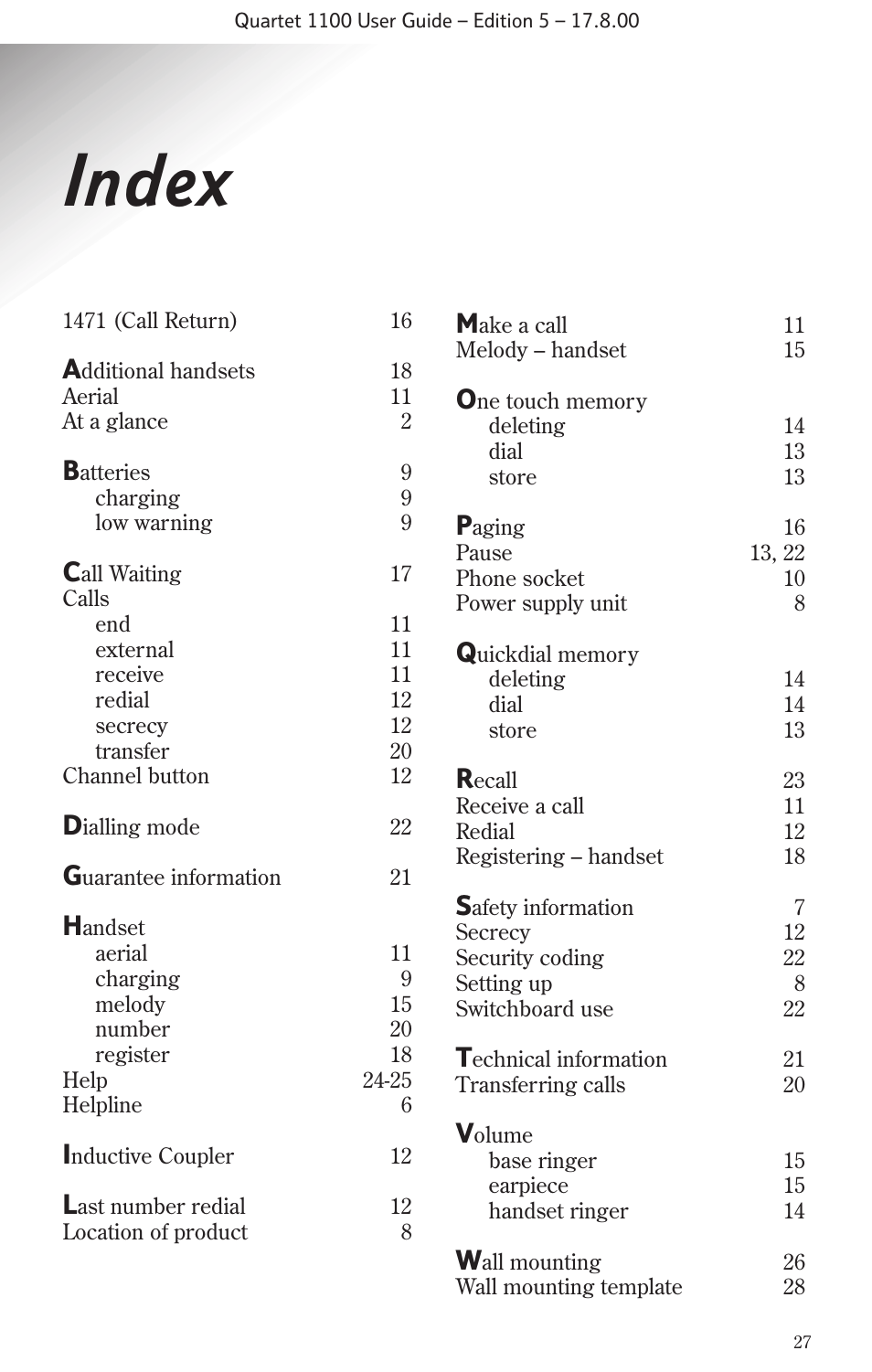 Index | BT 1100 User Manual | Page 29 / 32