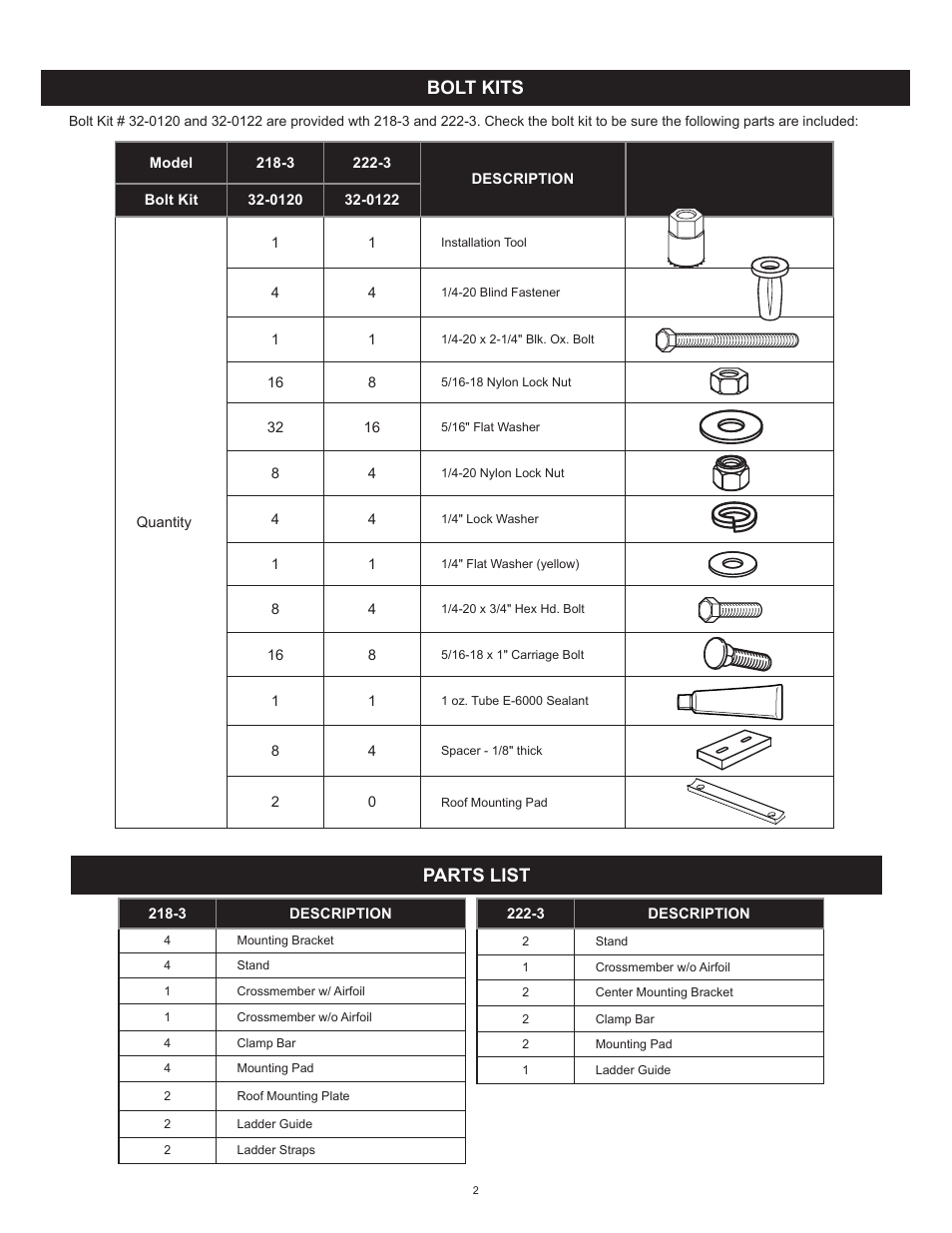 Bolt kits, Parts list | WEATHER GUARD Model 222-3 Accessory Cross Member, Minivan User Manual | Page 2 / 7