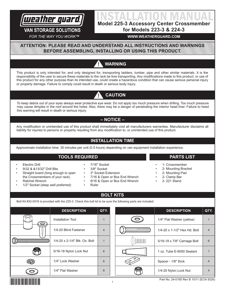 WEATHER GUARD Model 225-3 Accessory Cross Member, Compact User Manual | 5 pages
