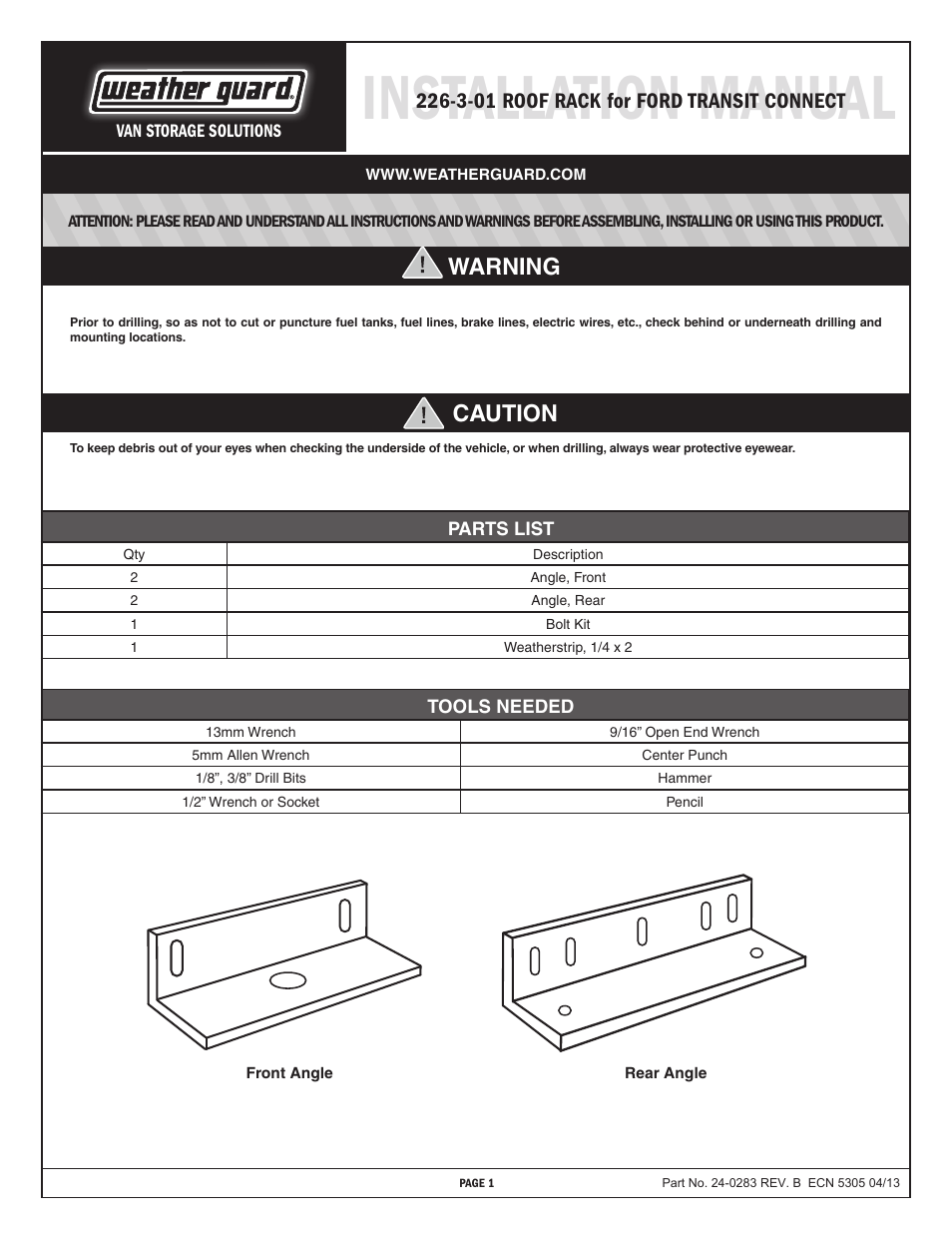 WEATHER GUARD Model 226-3-01 Mounting Bracket, Ford Transit Connect User Manual | 9 pages