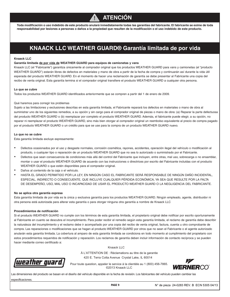 WEATHER GUARD Model 226-3-01 Mounting Bracket, Ford Transit Connect User Manual | Page 9 / 9