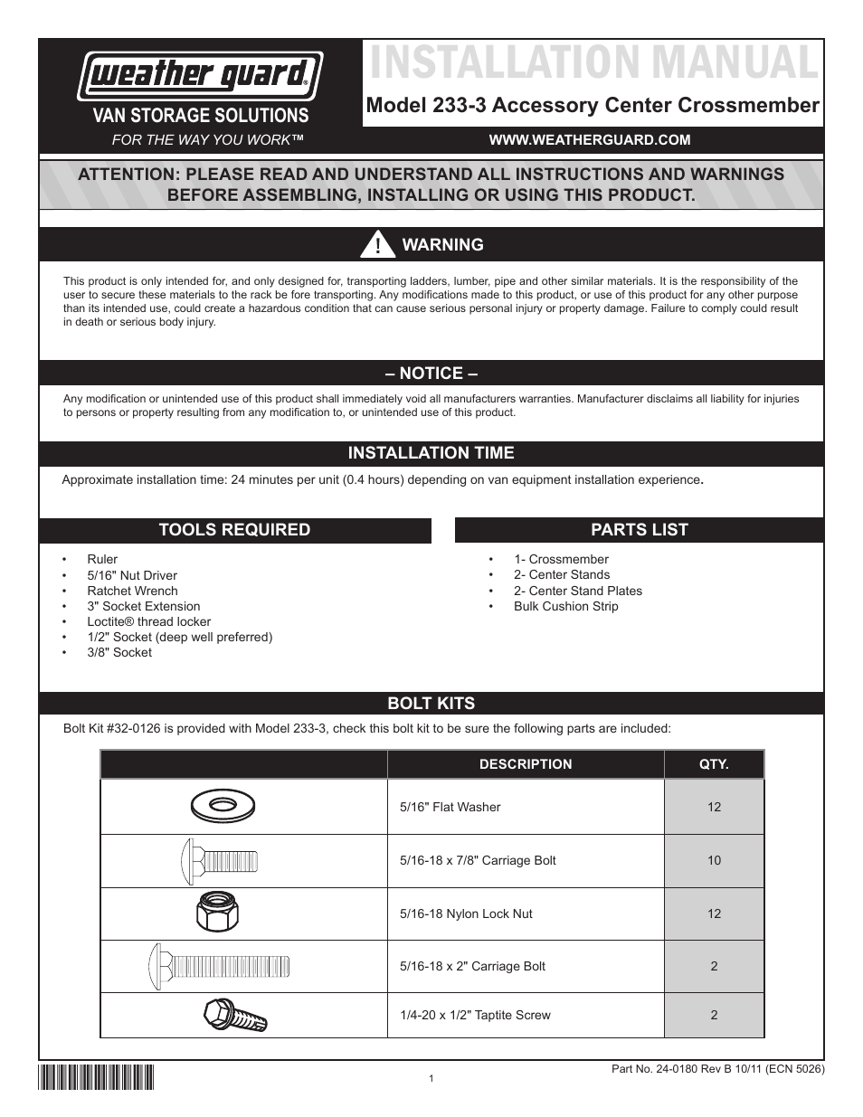 WEATHER GUARD Model 233-3-01 Accessory Cross Member, Full-Size User Manual | 3 pages