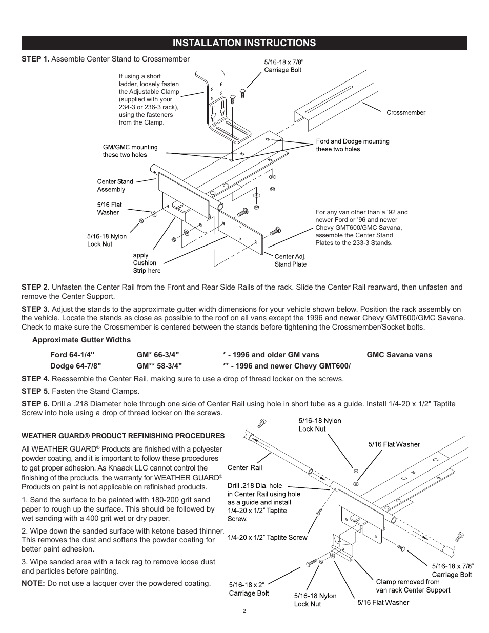Installation instructions | WEATHER GUARD Model 233-3-01 Accessory Cross Member, Full-Size User Manual | Page 2 / 3
