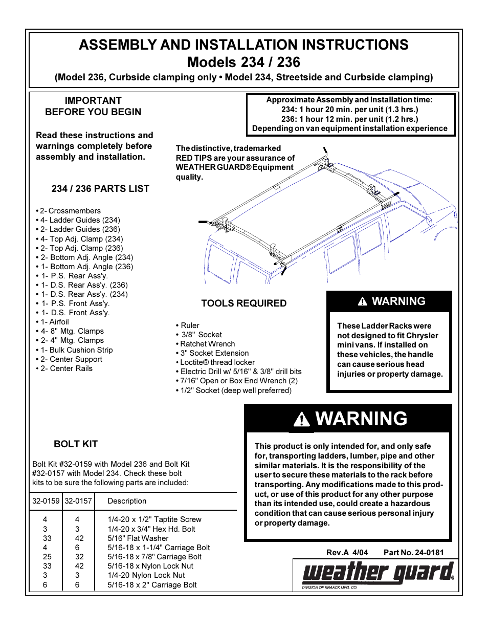 WEATHER GUARD Model 236-3-01 Quick Clamp Rack, Full-Size, Curb Side User Manual | 8 pages