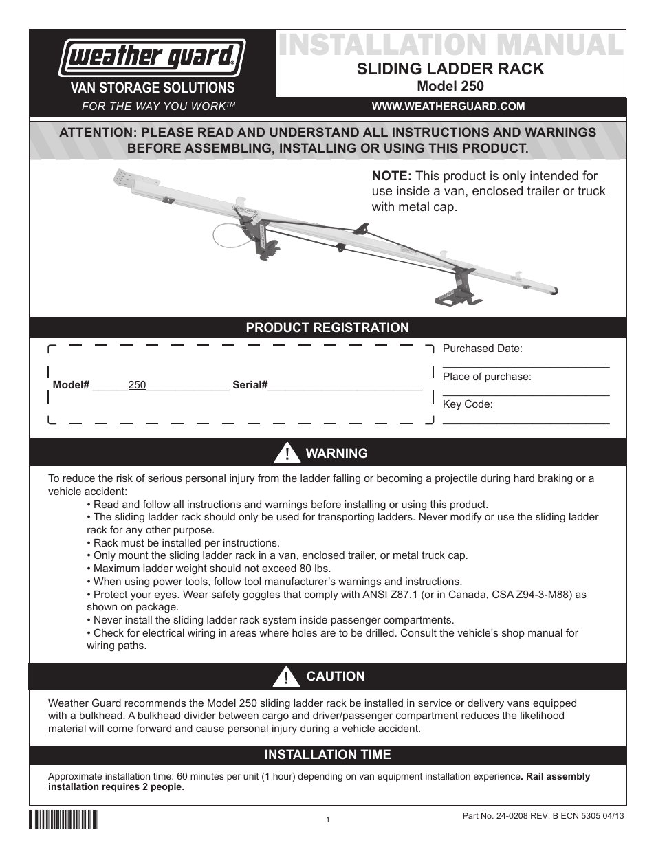 WEATHER GUARD Model 250 Sliding Ladder Rack User Manual | 9 pages