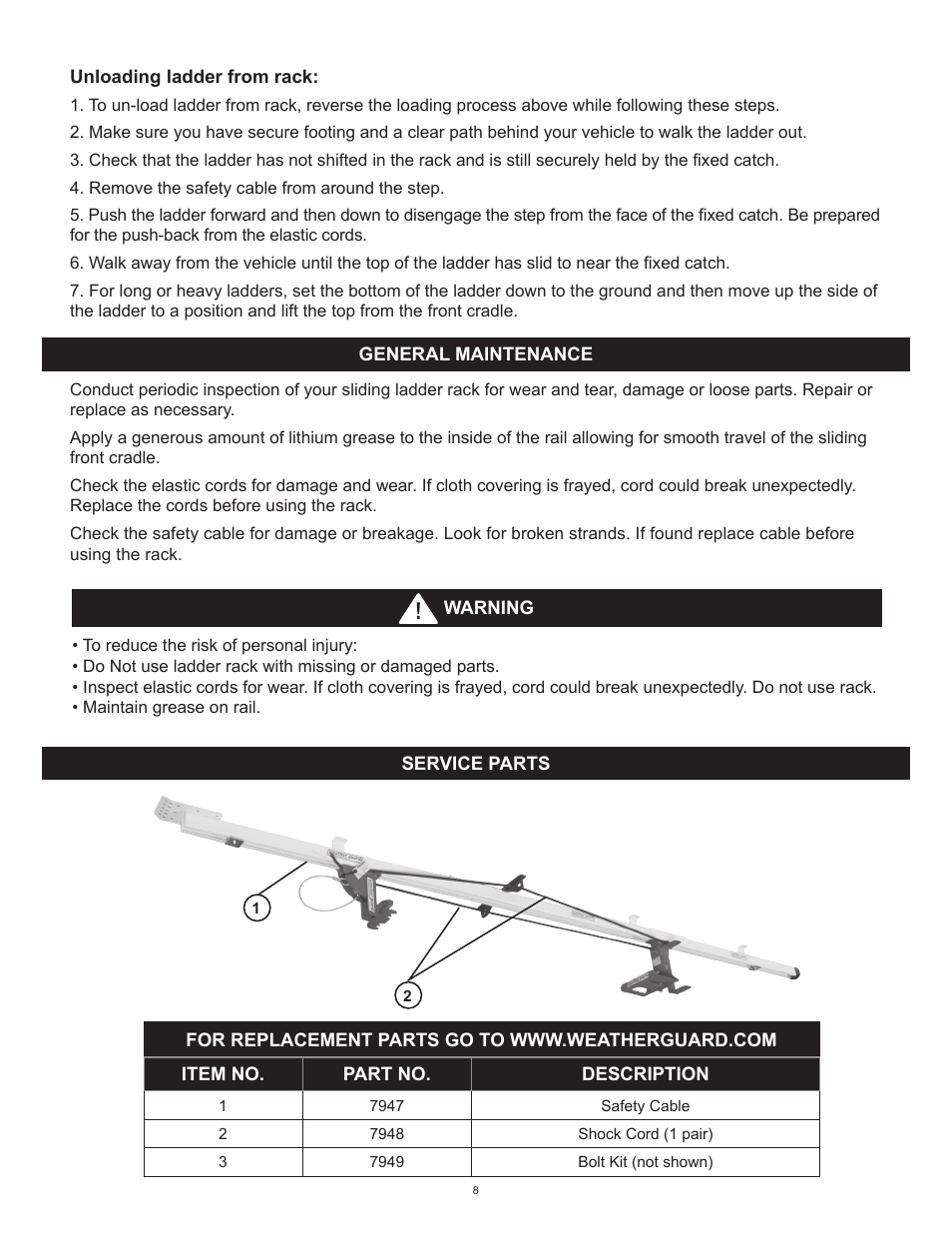 WEATHER GUARD Model 250 Sliding Ladder Rack User Manual | Page 8 / 9