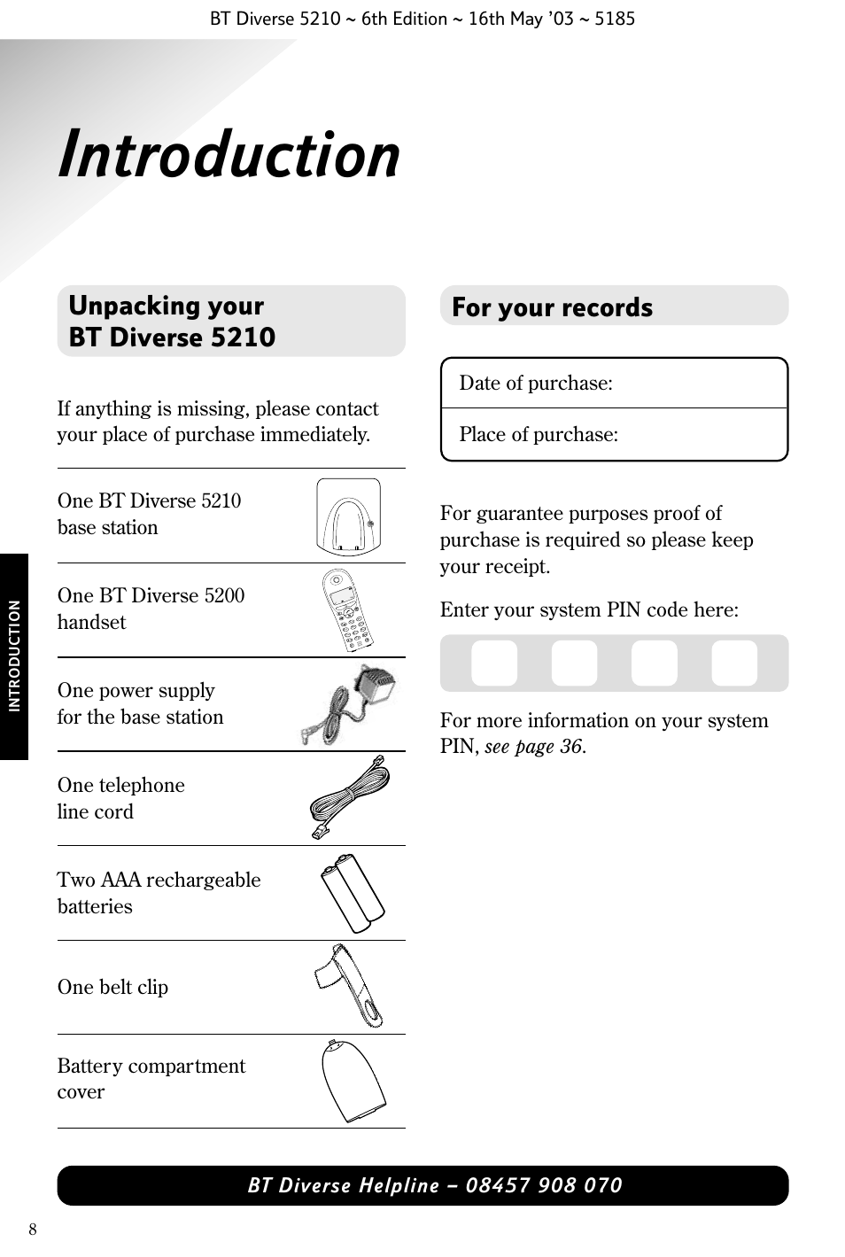 Introduction, Unpacking your bt diverse 5210, For your records | Date of purchase: place of purchase | BT 5210 User Manual | Page 10 / 52