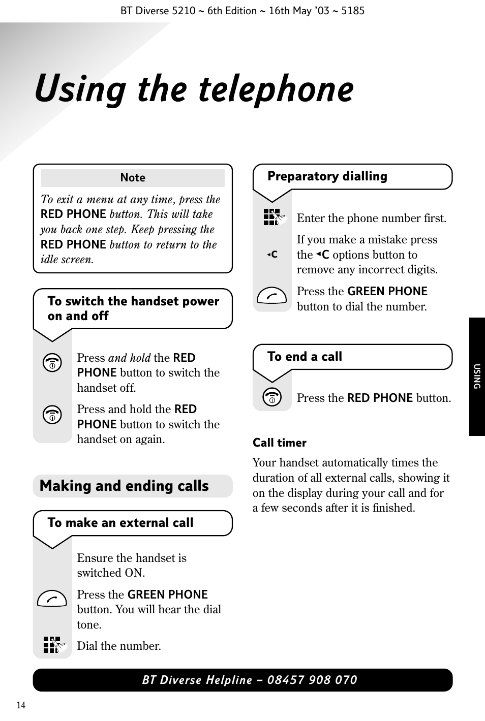 Using the telephone, Making and ending calls | BT 5210 User Manual | Page 16 / 52