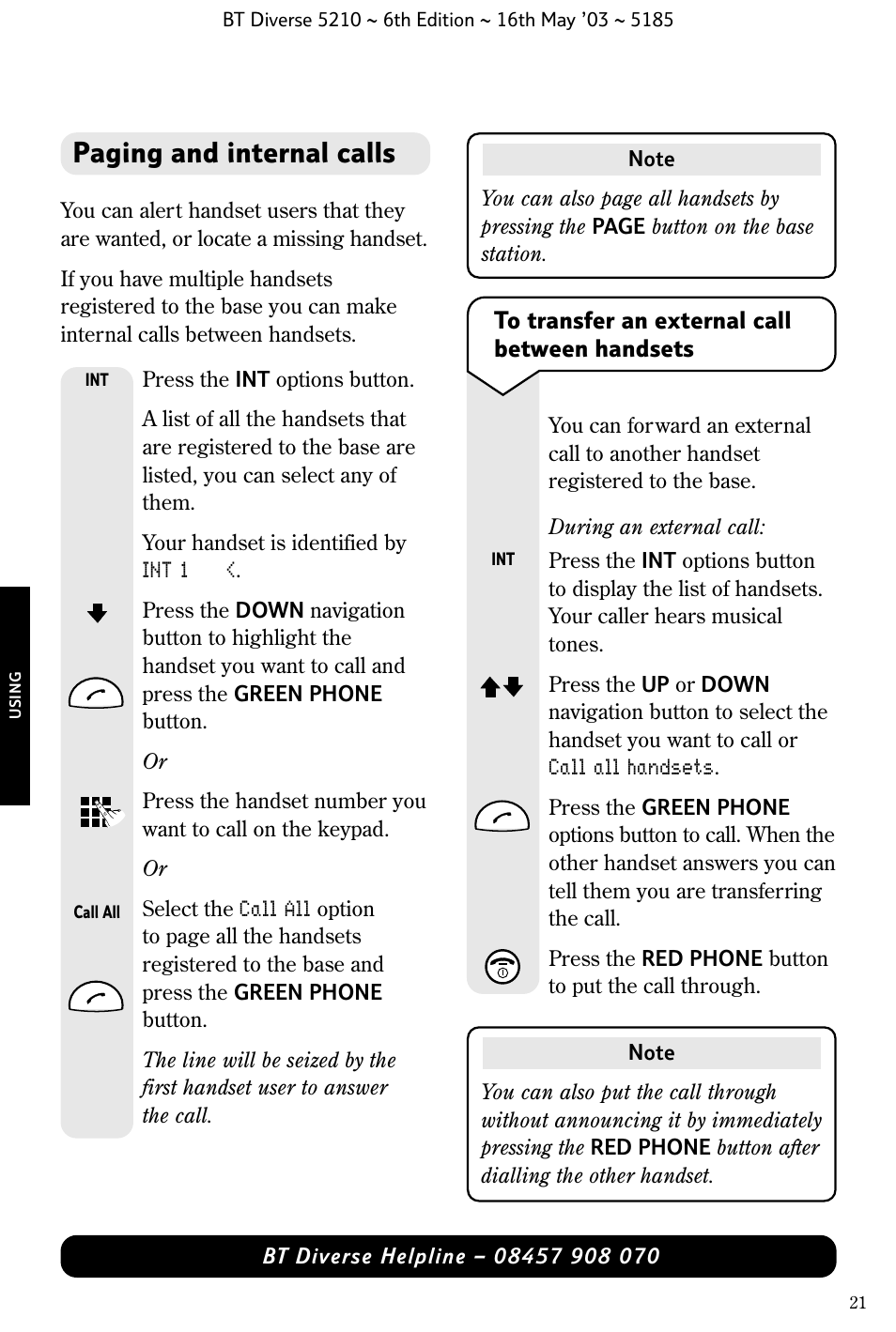 Paging and internal calls | BT 5210 User Manual | Page 23 / 52