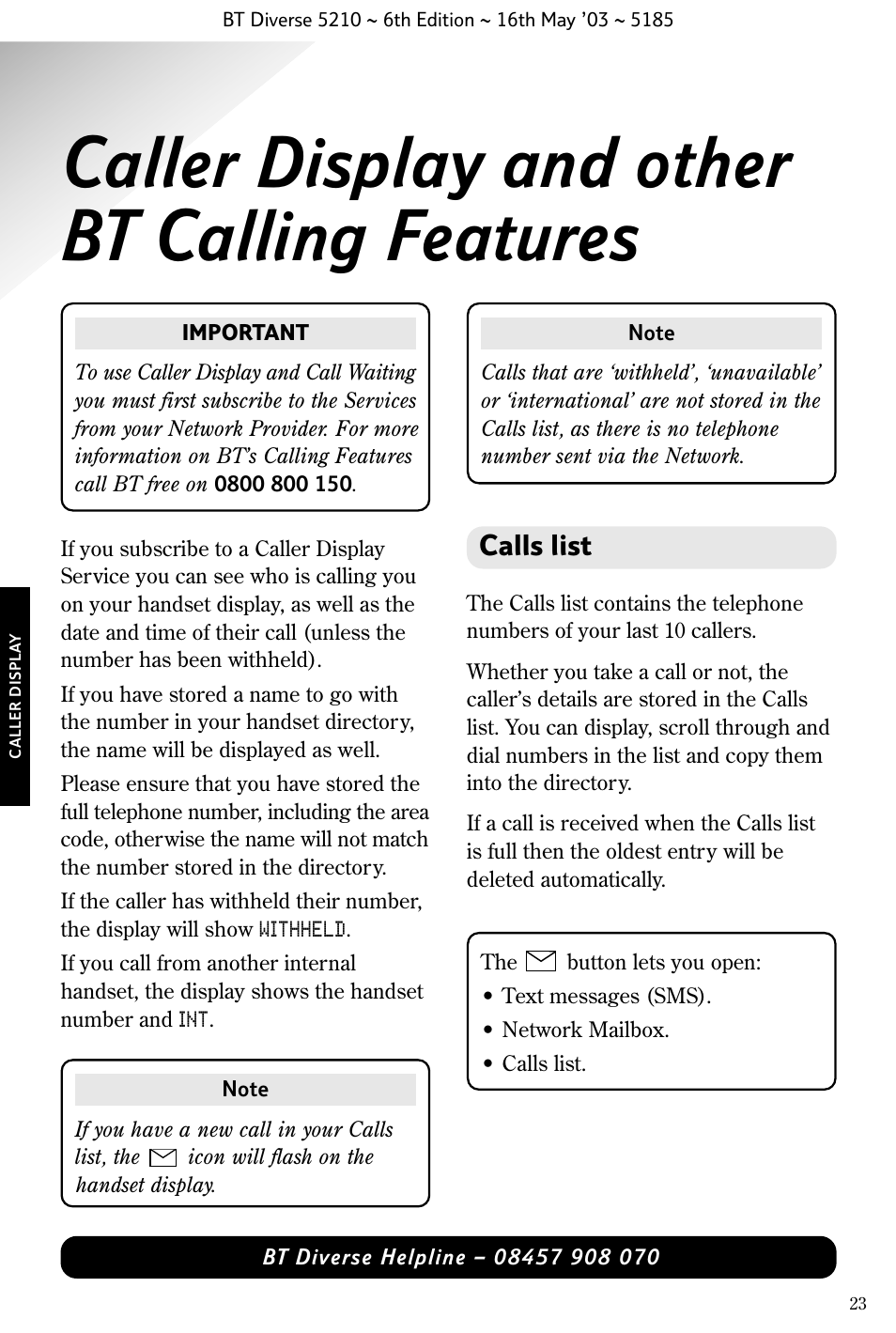 Caller display and other bt calling features, Calls list | BT 5210 User Manual | Page 25 / 52