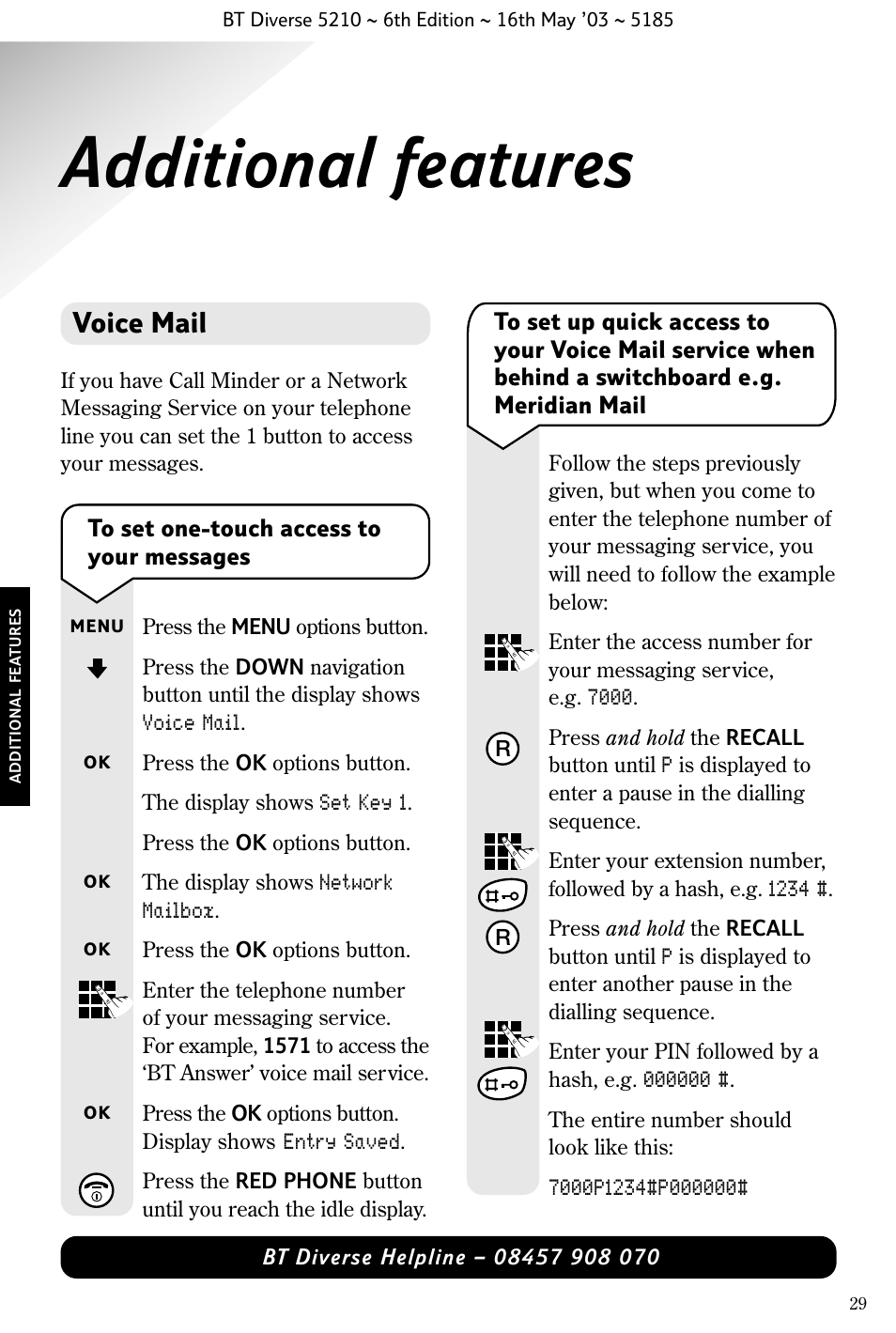 Additional features, Voice mail | BT 5210 User Manual | Page 31 / 52