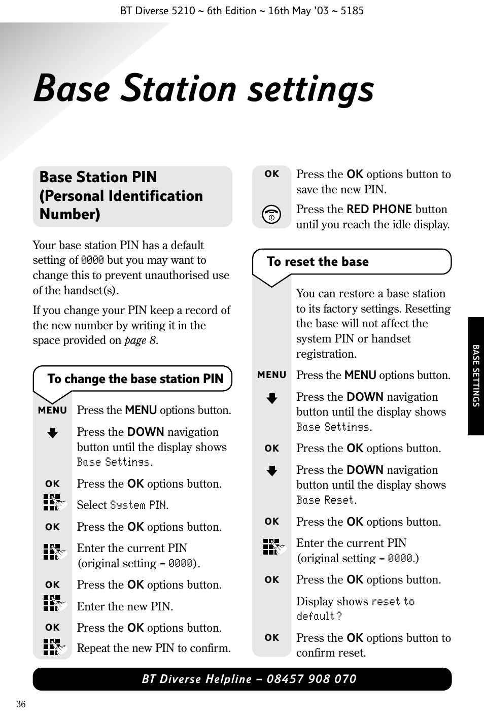 Base station settings, Base station pin (personal identification number) | BT 5210 User Manual | Page 38 / 52