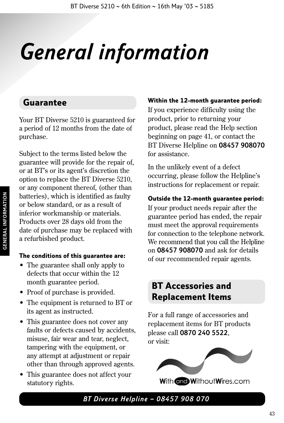 General information, Guarantee, Bt accessories and replacement items | BT 5210 User Manual | Page 45 / 52