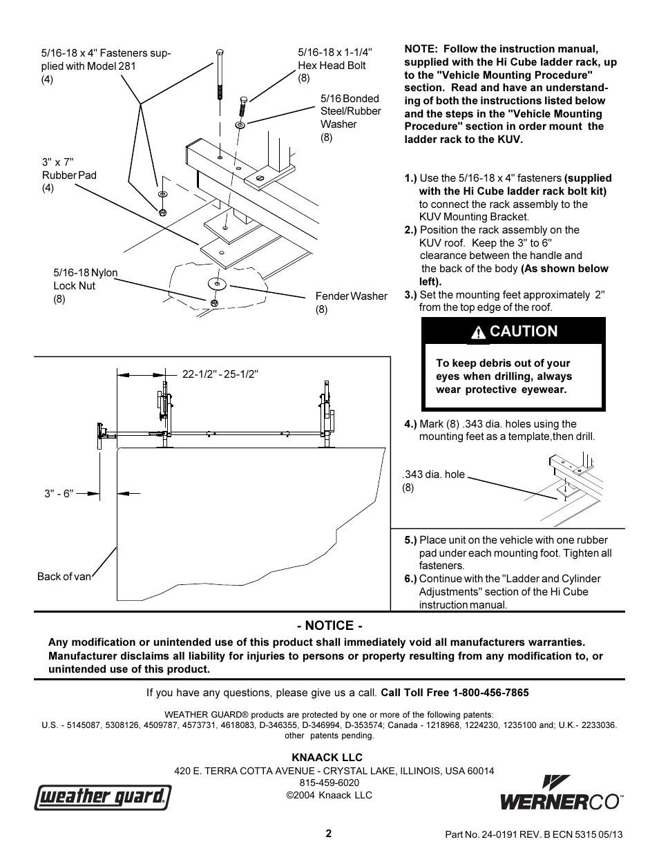 Caution | WEATHER GUARD Model 2505 Mounting Bracket, KUV User Manual | Page 2 / 2