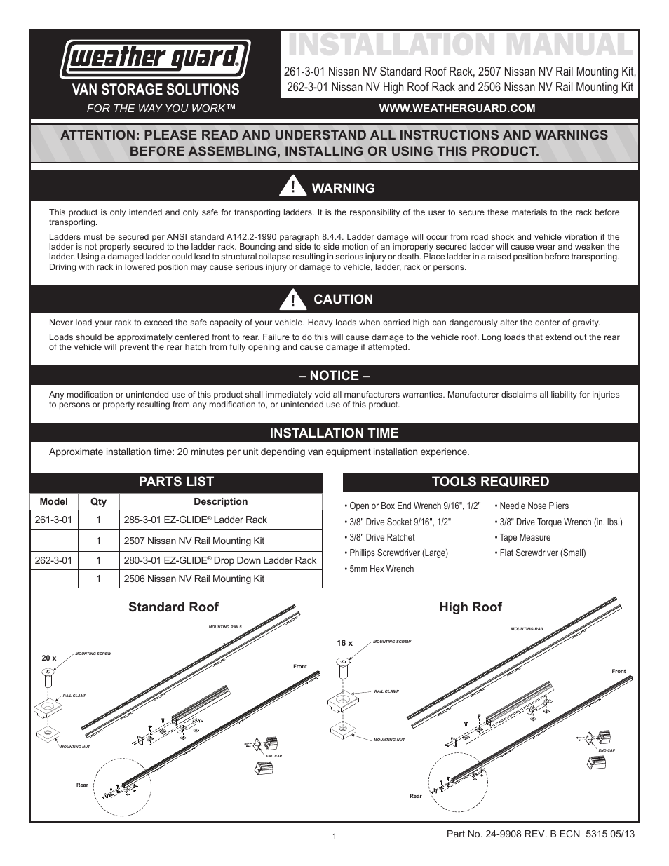 WEATHER GUARD Model 2507 Roof Rack Mounting Kit, Standard, Nissan NV User Manual | 9 pages