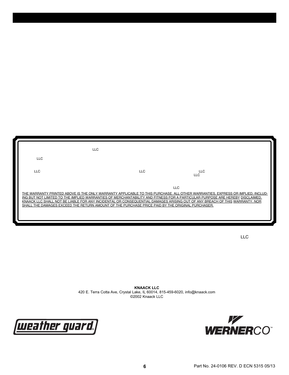 No replacement parts available for this model, Replacement parts | WEATHER GUARD Model 2521 EZ-GLIDE® Accessory Cross Member, Full-Size, GM User Manual | Page 6 / 6