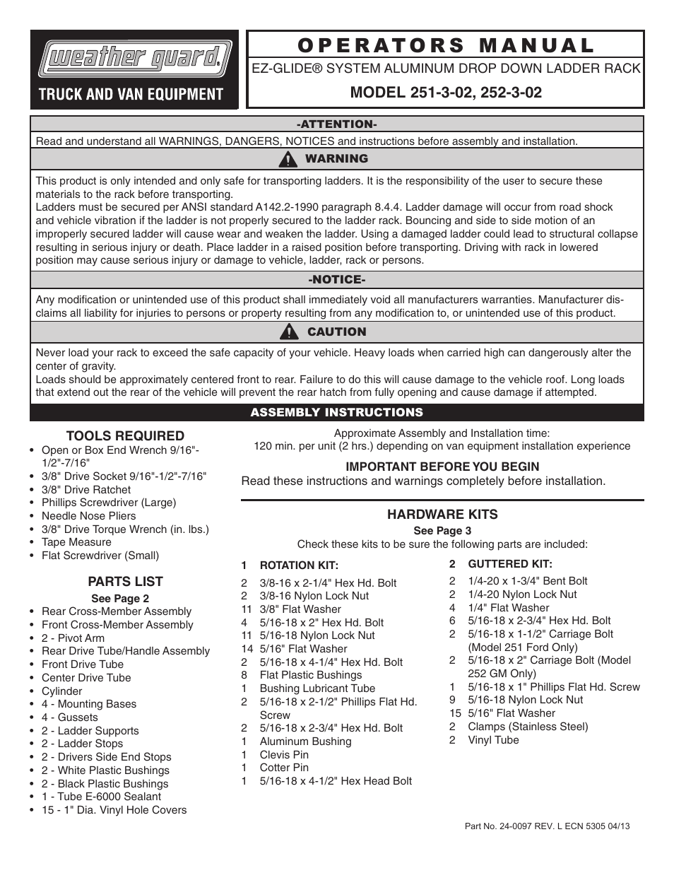 WEATHER GUARD Model 252-3-02 EZ-GLIDE® System, Full-Size, GM User Manual | 15 pages