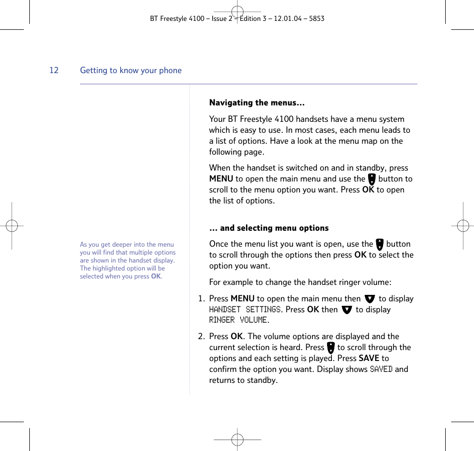 Handset settings, Ringer volume, Saved | BT 4100 SMS User Manual | Page 12 / 81
