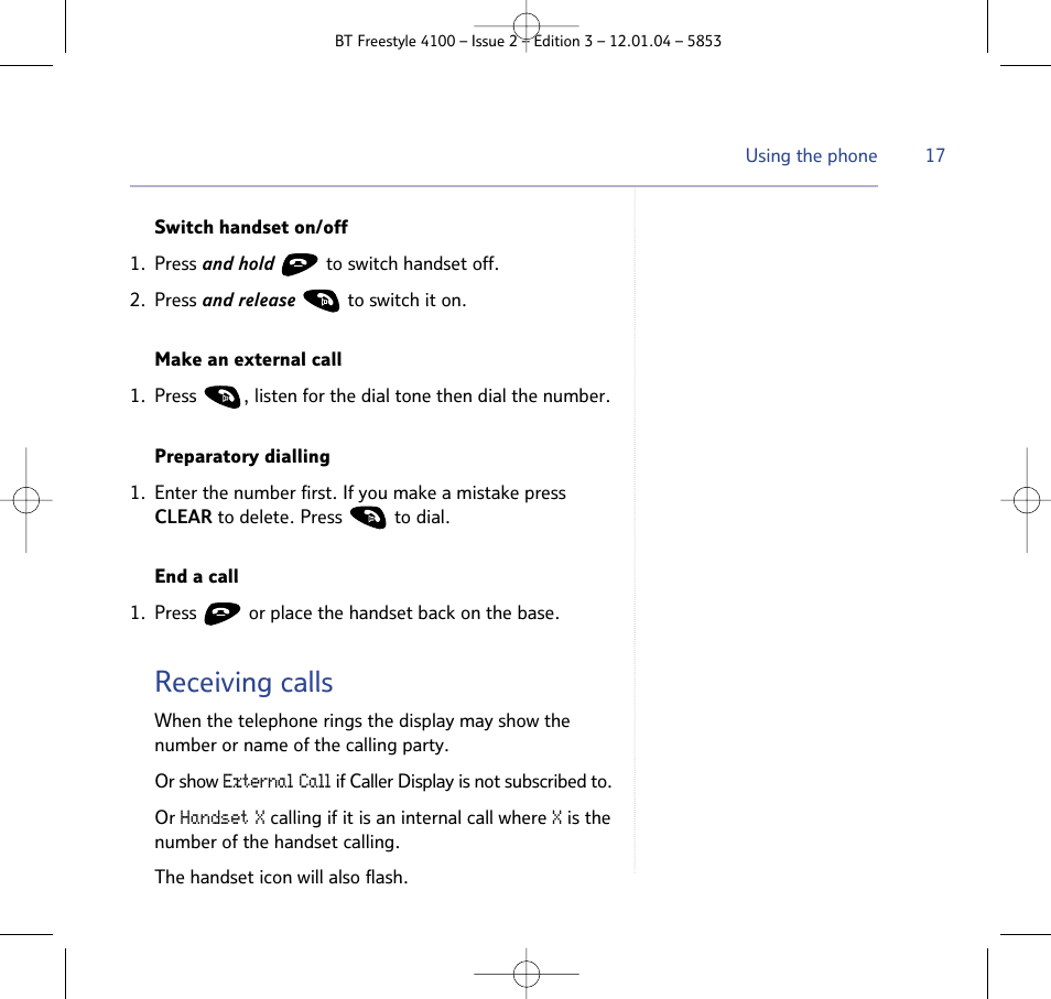 Receiving calls | BT 4100 SMS User Manual | Page 17 / 81