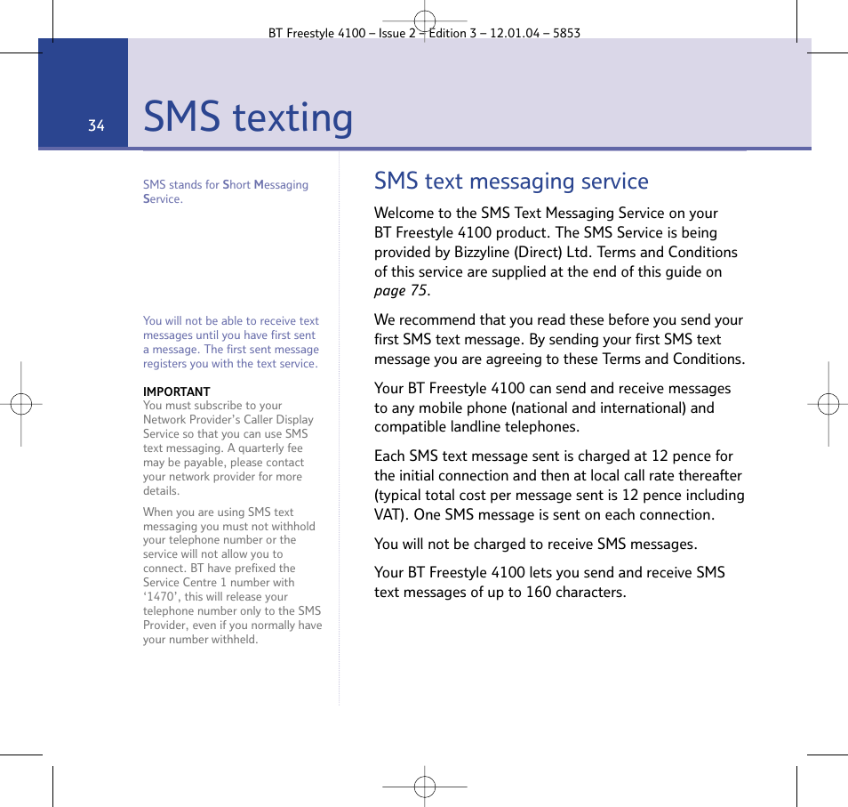 Sms texting, Sms text messaging service | BT 4100 SMS User Manual | Page 34 / 81