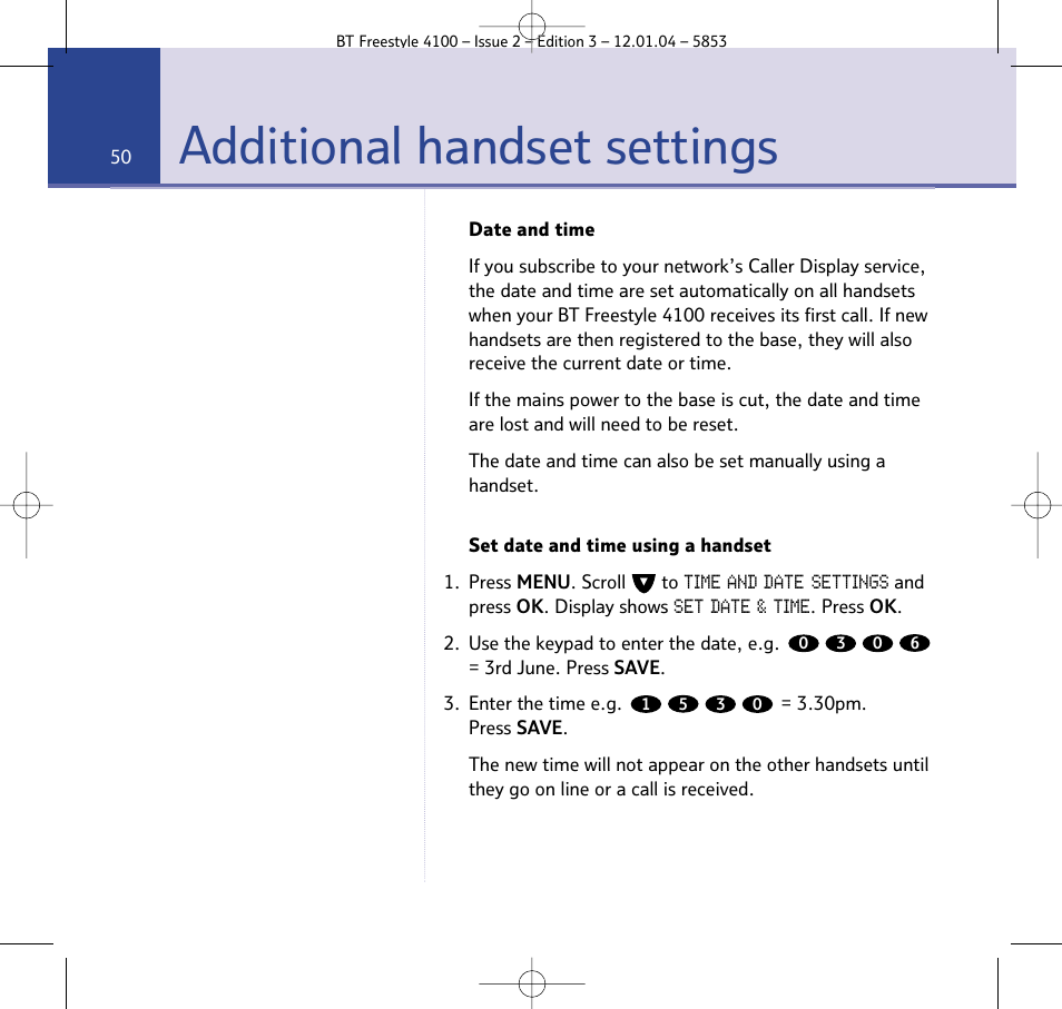 Additional handset settings | BT 4100 SMS User Manual | Page 50 / 81
