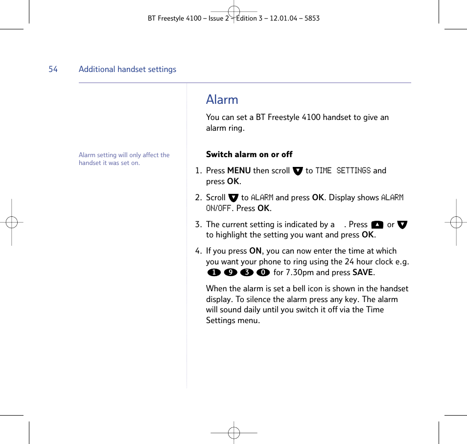 Alarm | BT 4100 SMS User Manual | Page 54 / 81