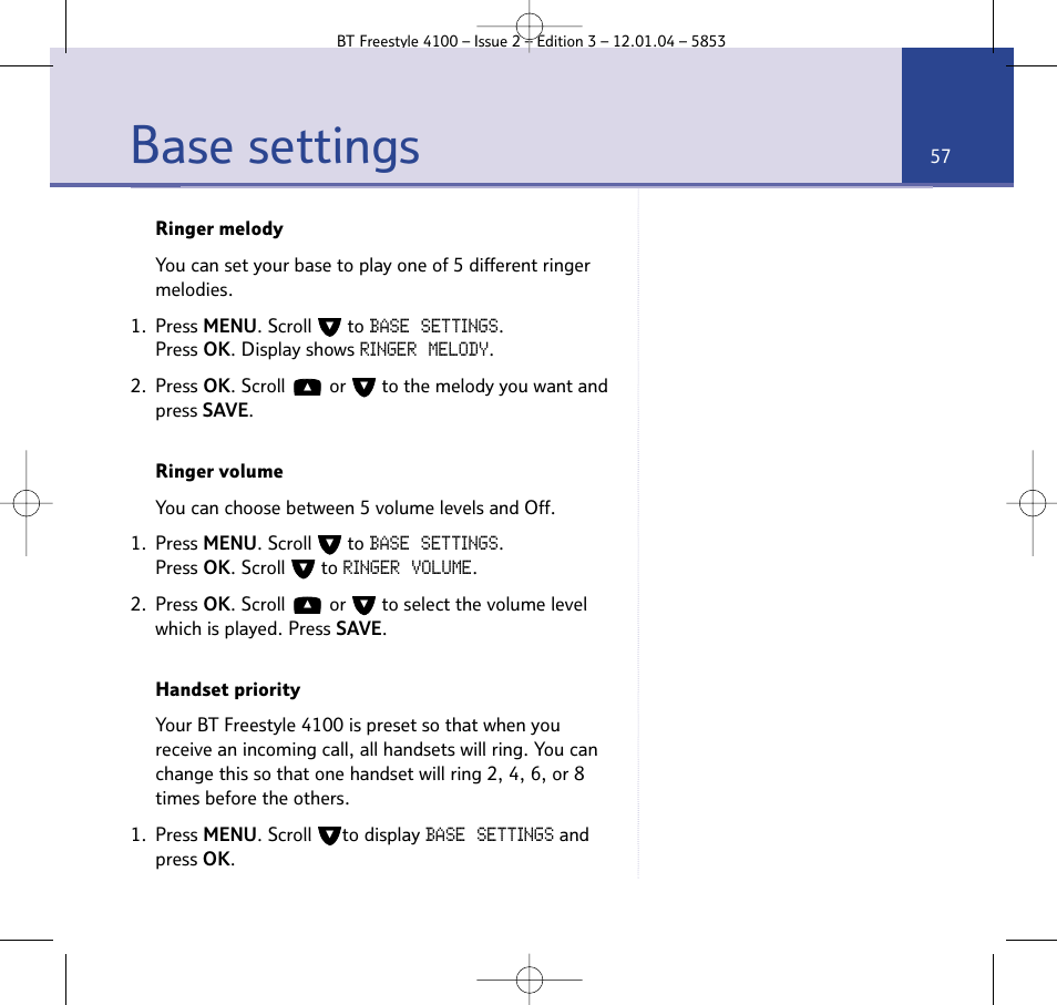 Base settings | BT 4100 SMS User Manual | Page 57 / 81