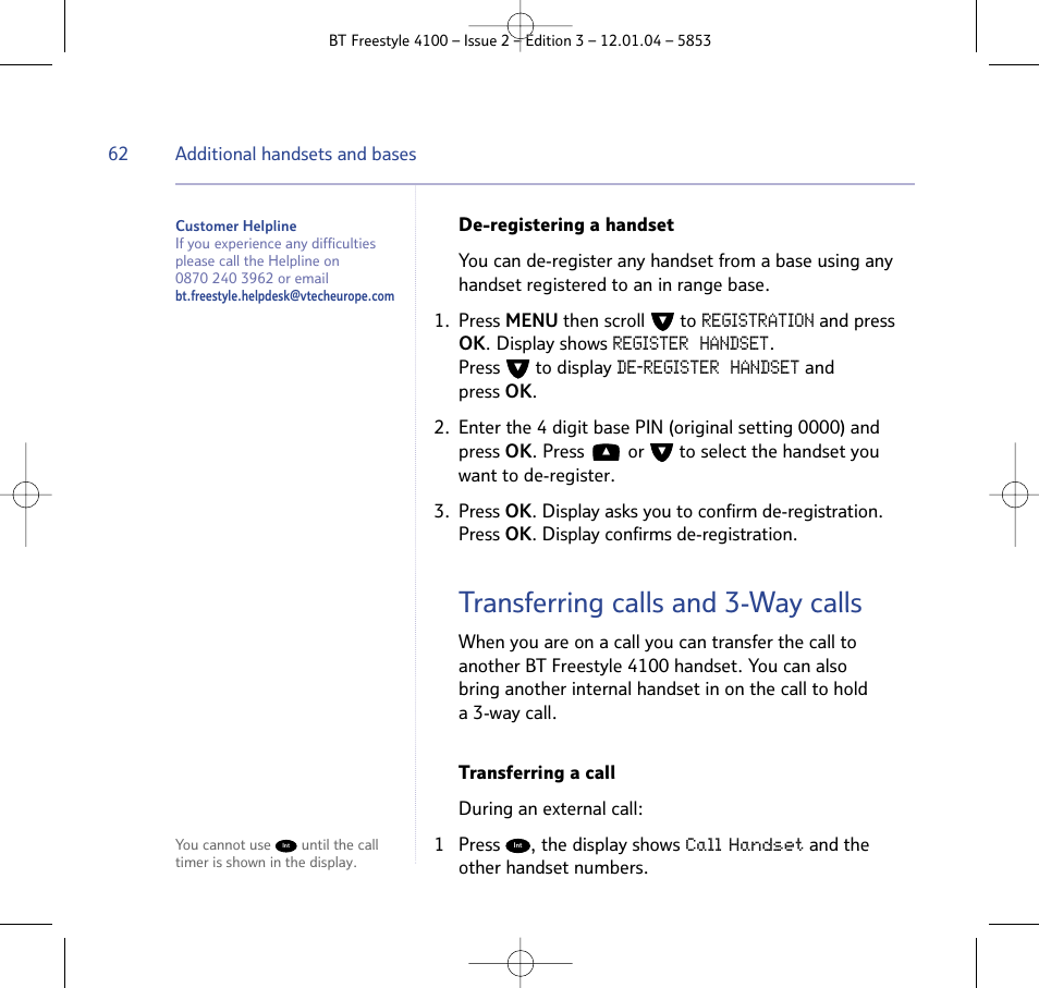 Transferring calls and 3-way calls | BT 4100 SMS User Manual | Page 62 / 81