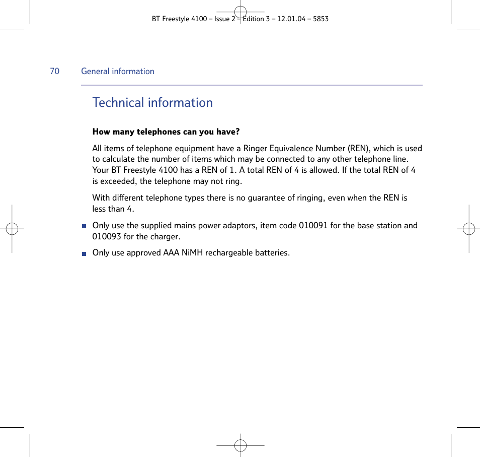 Technical information | BT 4100 SMS User Manual | Page 70 / 81