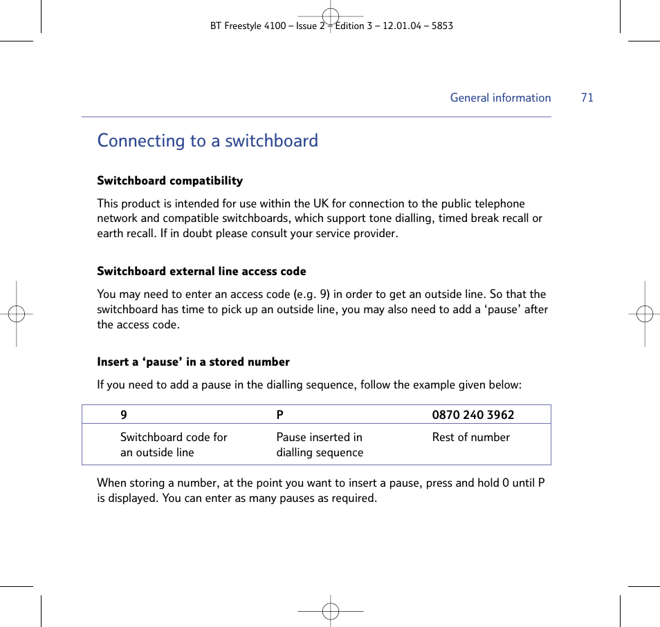 Connecting to a switchboard | BT 4100 SMS User Manual | Page 71 / 81