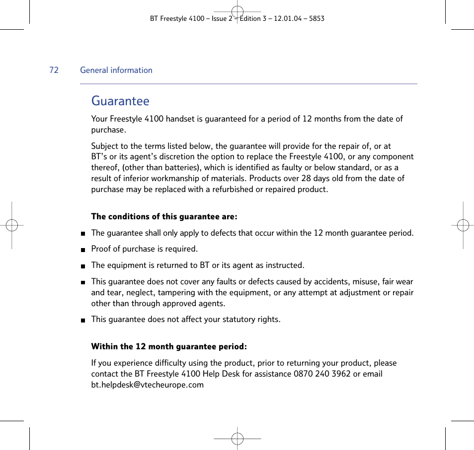 Guarantee | BT 4100 SMS User Manual | Page 72 / 81