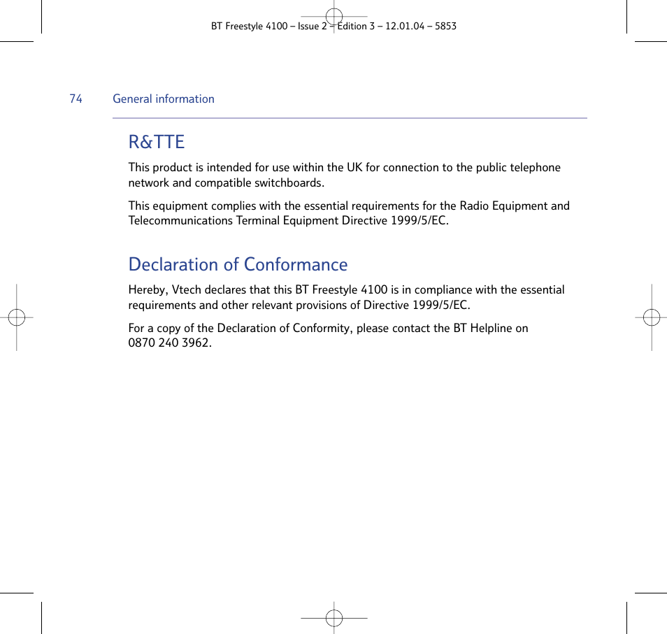 R&tte, Declaration of conformance | BT 4100 SMS User Manual | Page 74 / 81