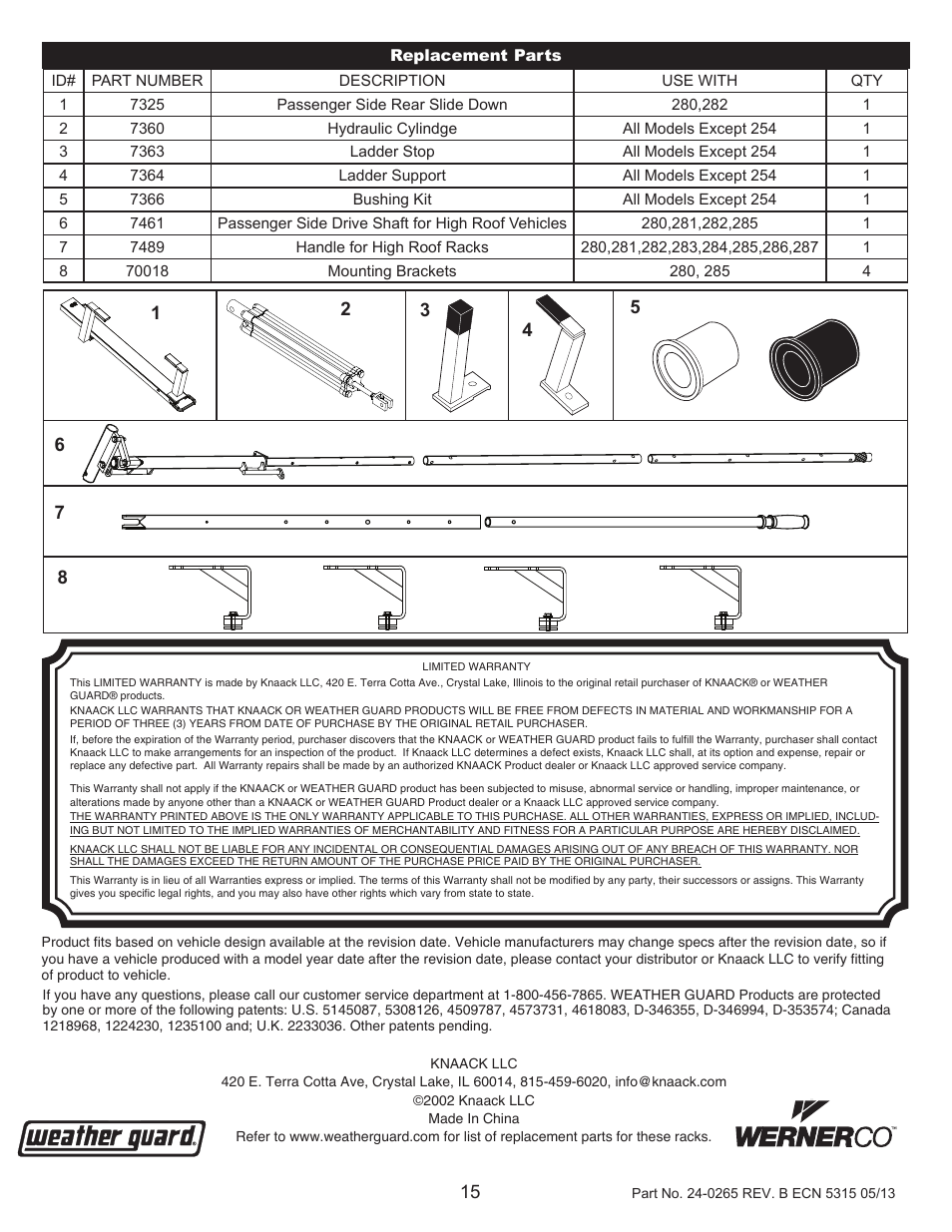 WEATHER GUARD Model 280-3-01 EZ-GLIDE® System, High-Roof User Manual | Page 15 / 15