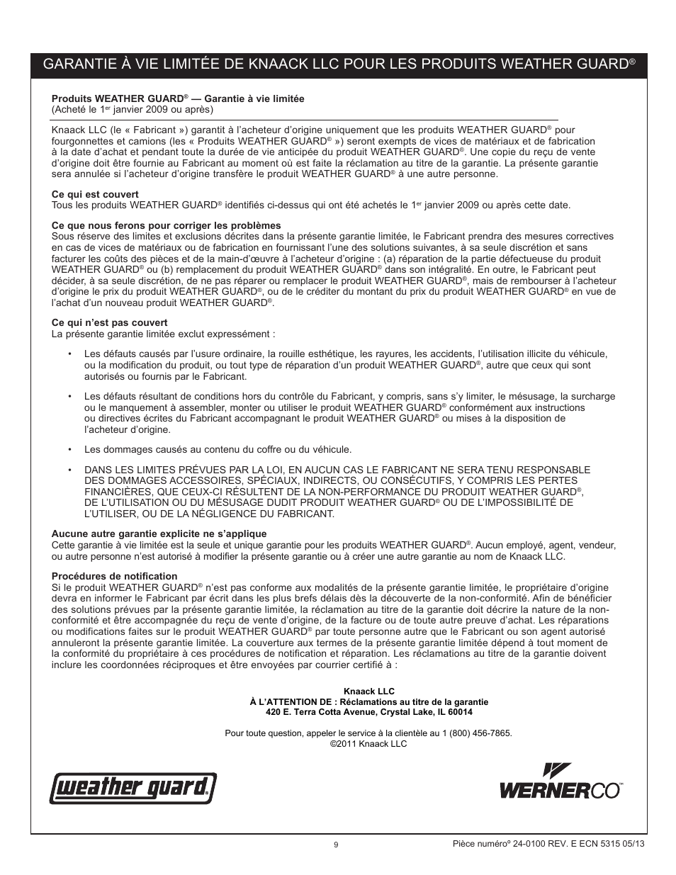 WEATHER GUARD Model 282 EZ-GLIDE® System, Passenger Side, 10 ft Hi-Cube Vans User Manual | Page 9 / 9