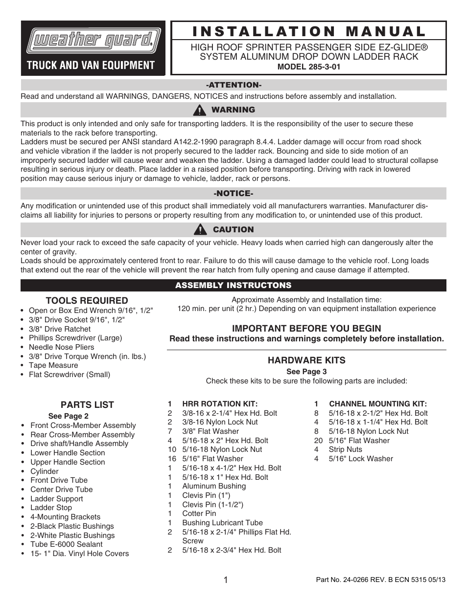 WEATHER GUARD Model 285-3-01 EZ-GLIDE® System, Mid-Roof User Manual | 16 pages