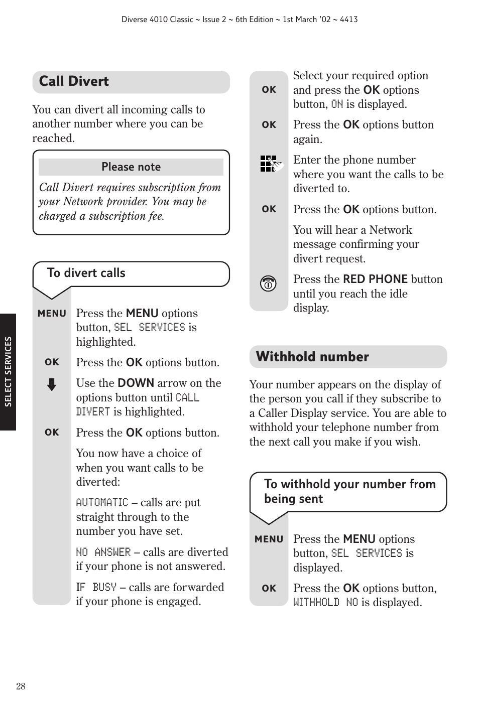 Call divert, Withhold number | BT 4010 Classic User Manual | Page 30 / 49