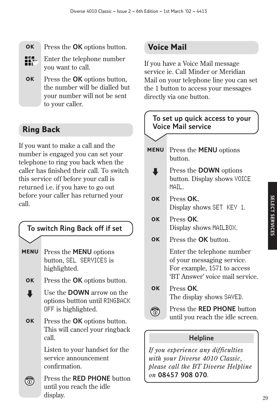 Ring back, Voice mail | BT 4010 Classic User Manual | Page 31 / 49