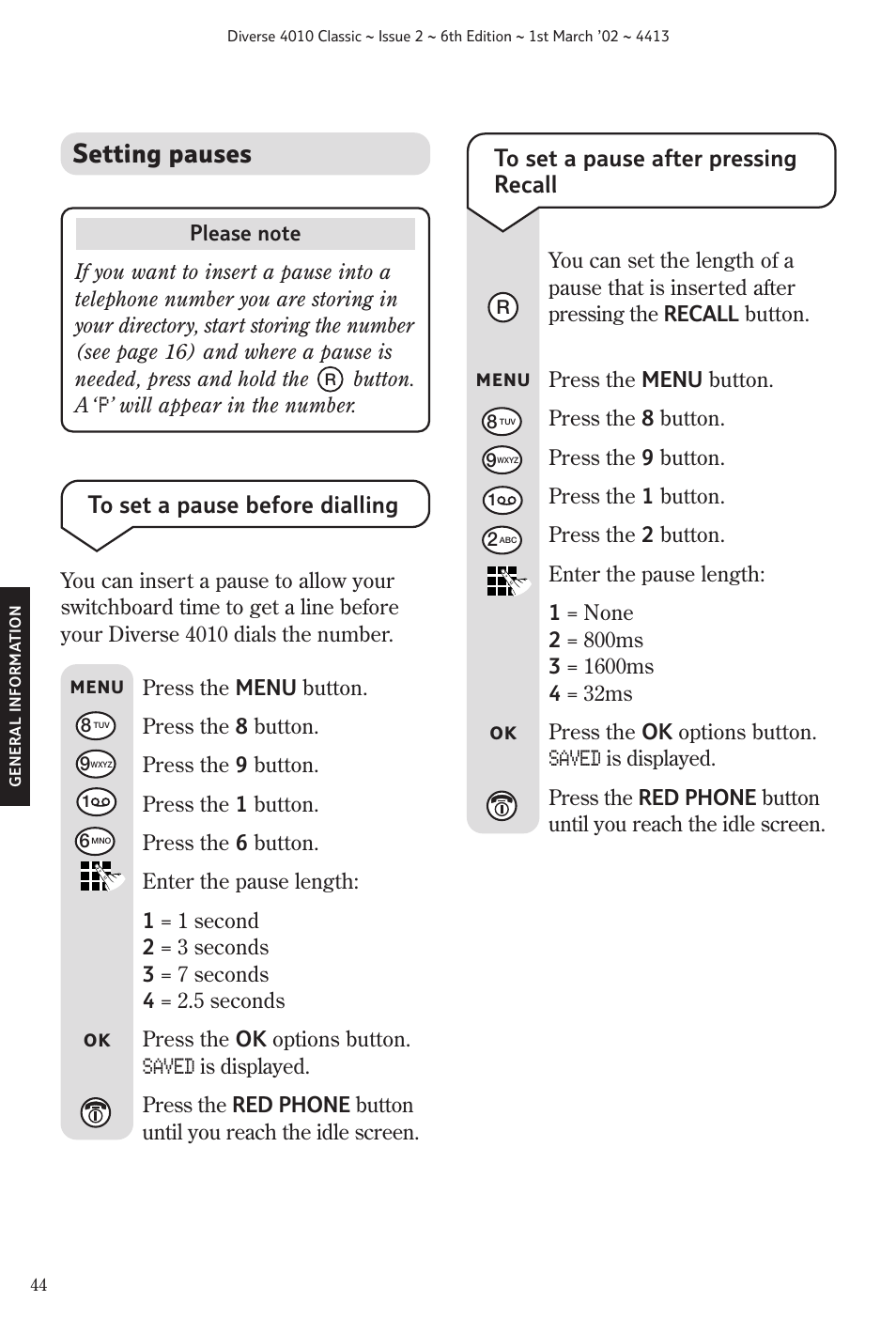 Setting pauses, Saved | BT 4010 Classic User Manual | Page 46 / 49