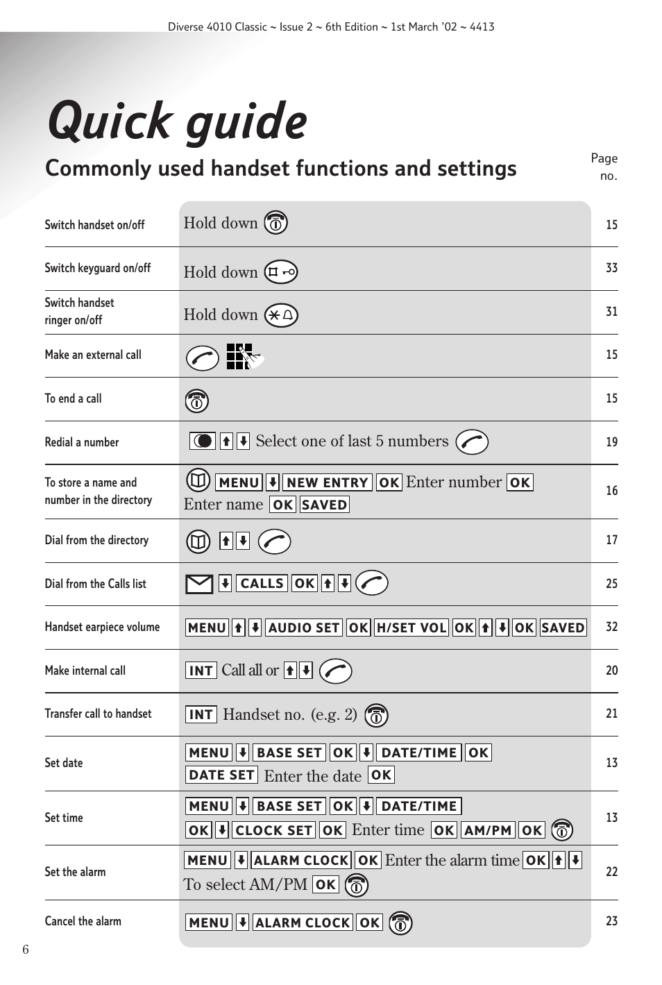 Quick guide, Commonly used handset functions and settings | BT 4010 Classic User Manual | Page 8 / 49