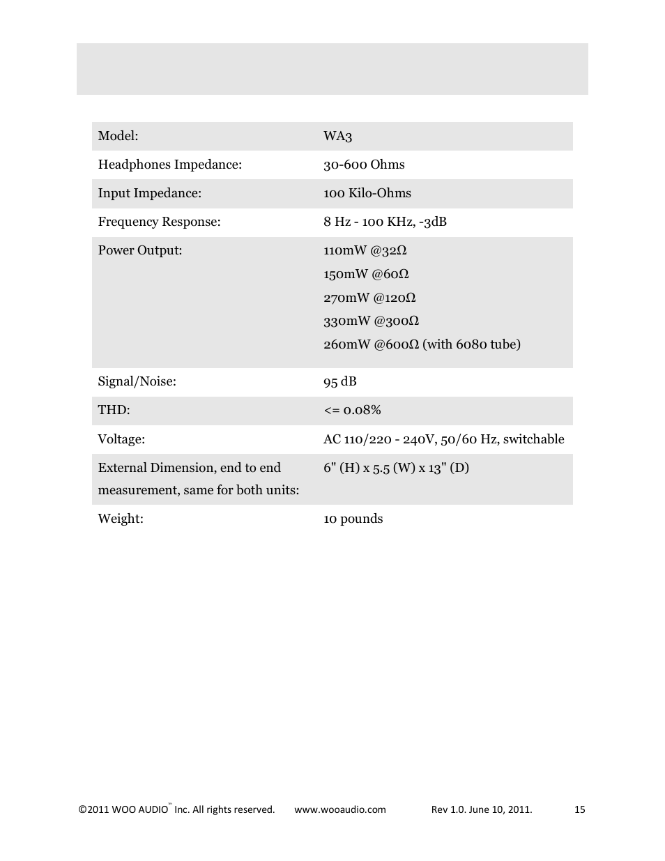 Product specification | Woo Audio WA3 Single-ended User Manual | Page 15 / 15