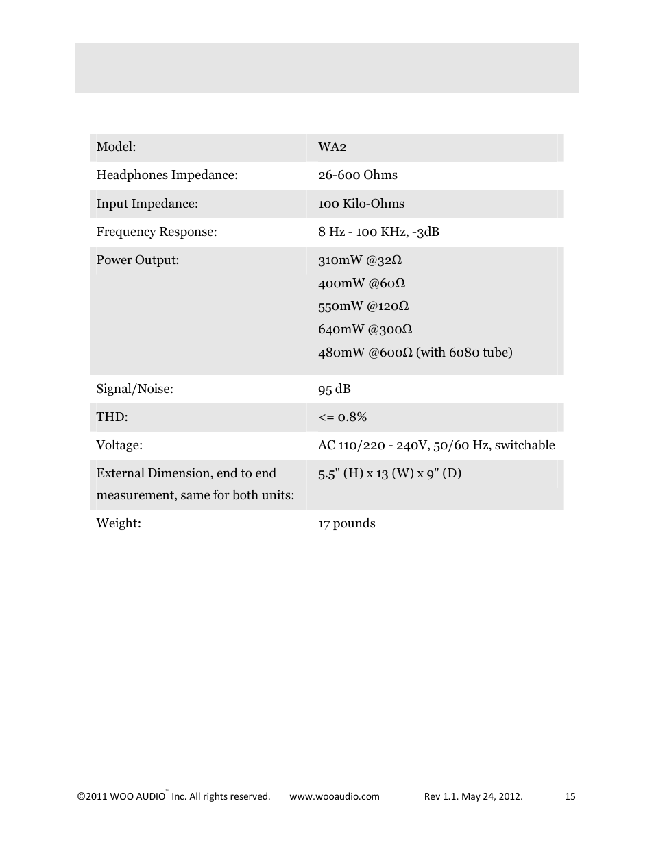 Product specification | Woo Audio WA2 Single-ended User Manual | Page 15 / 15