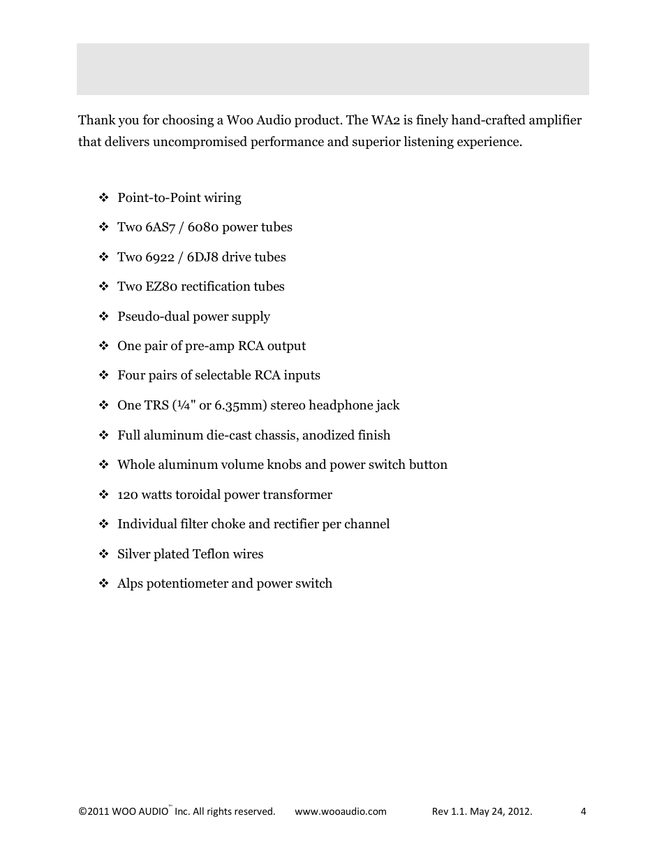 Overview | Woo Audio WA2 Single-ended User Manual | Page 4 / 15