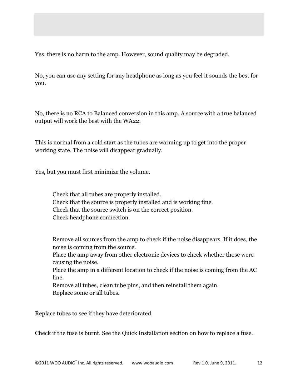 Faq - frequently asked questions | Woo Audio WA22 Fully balanced User Manual | Page 12 / 15