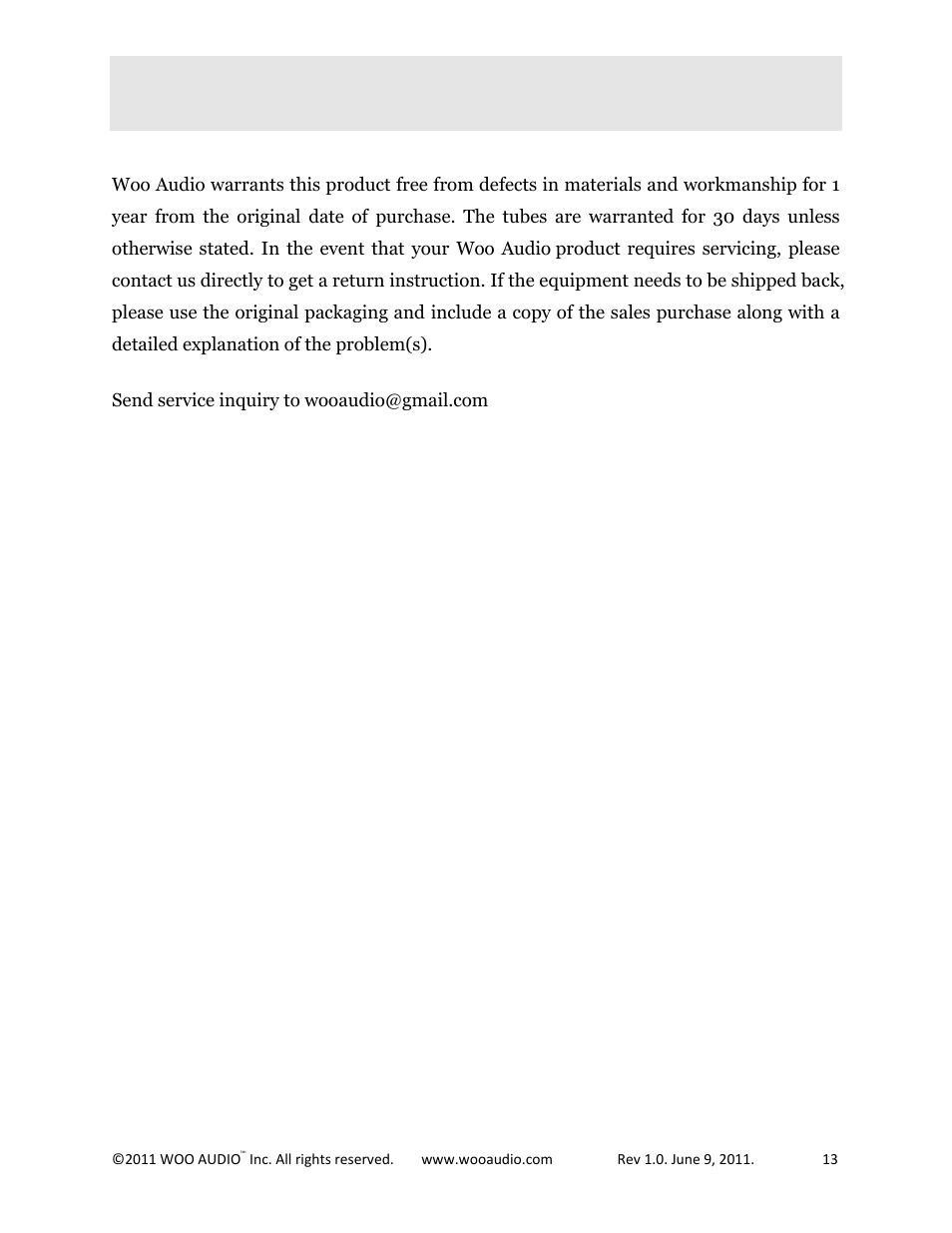 Warranty and service | Woo Audio WA22 Fully balanced User Manual | Page 13 / 15