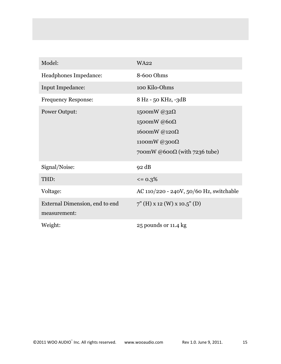 Product specification | Woo Audio WA22 Fully balanced User Manual | Page 15 / 15