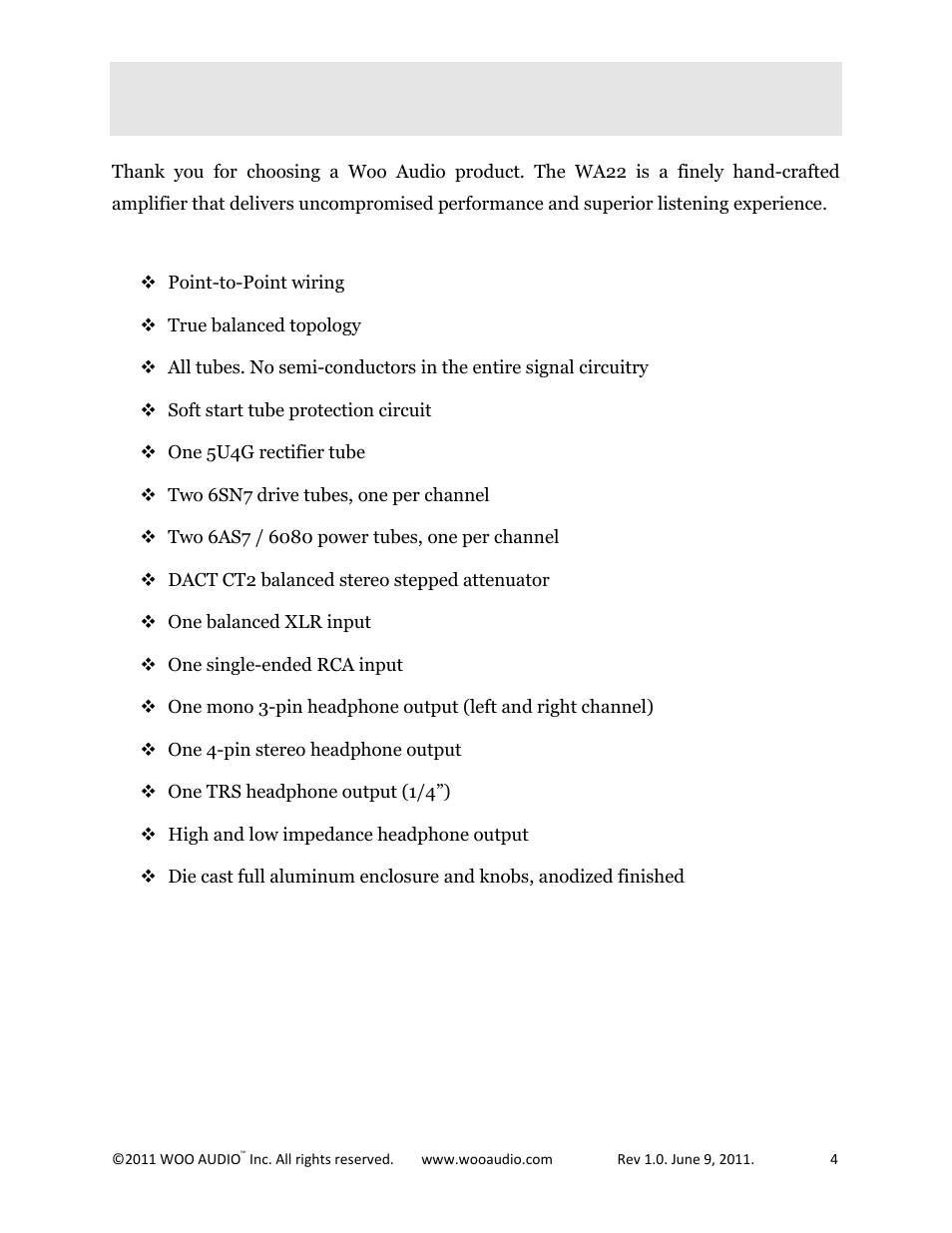 Overview | Woo Audio WA22 Fully balanced User Manual | Page 4 / 15