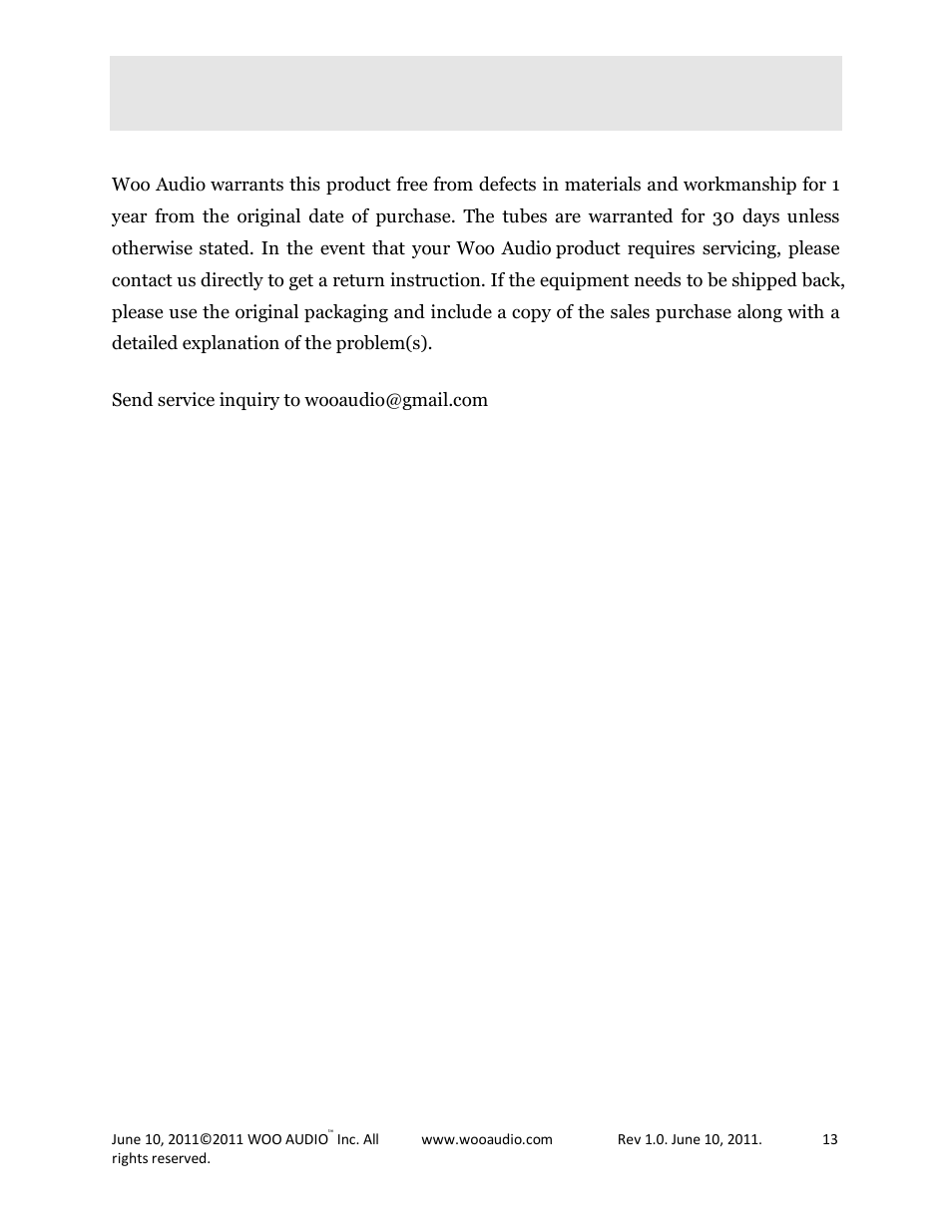 Warranty and service | Woo Audio WA6 Headphone Amplifier User Manual | Page 13 / 15