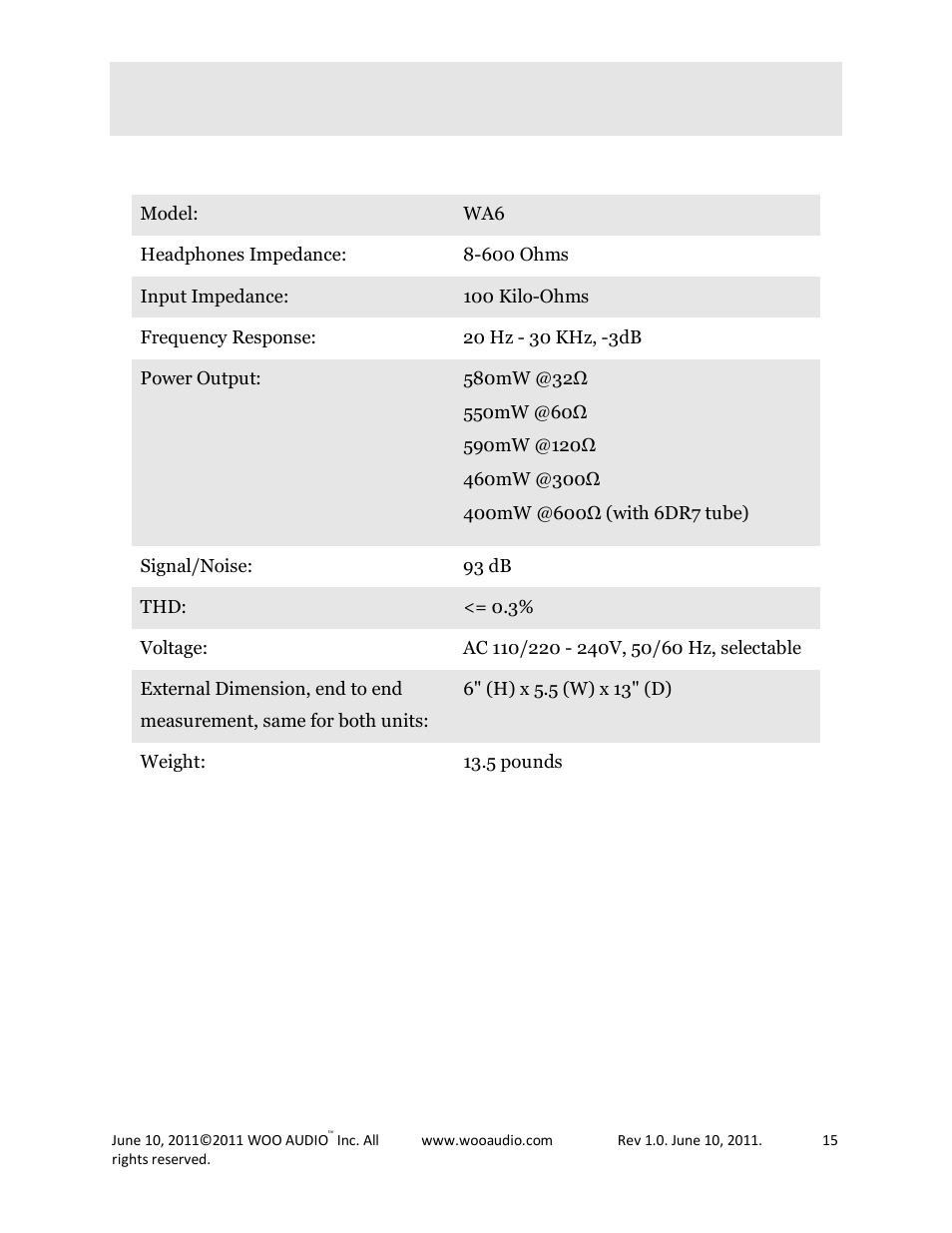 Product specification | Woo Audio WA6 Headphone Amplifier User Manual | Page 15 / 15