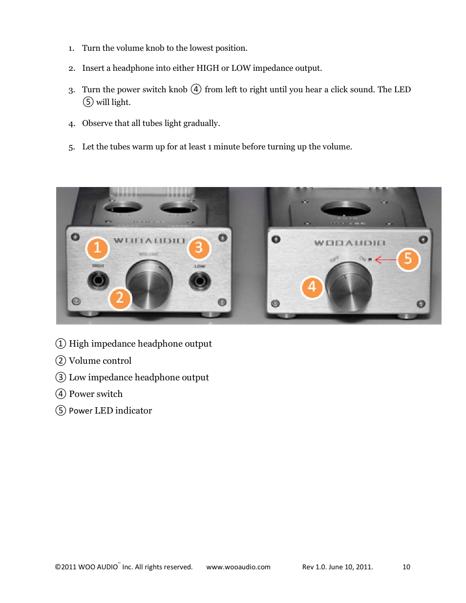 Turning the amplifier on, Break-in period | Woo Audio WA6-SE (Special Edition) Headphone Amplifier User Manual | Page 10 / 15